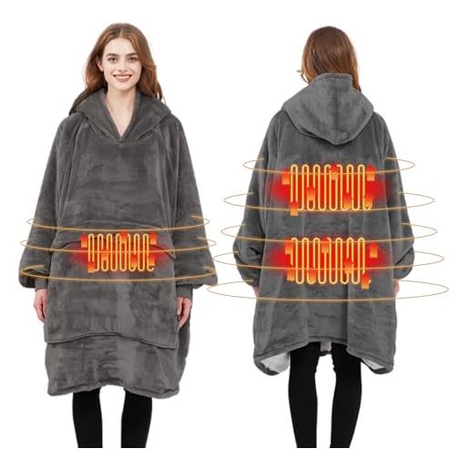 Eznaobo coperta con cappuccio oversize riscaldata elettrica calda per uomo donna foderato in pile sherpa maglione gigante felpa indossabile per donne ragazze adulti uomini ragazzi bambini, grigio, 