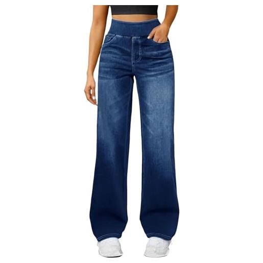 Generico jeans donna vita alta sciolto larghi in denim gamba larga baggy wide leg dritti bootcut controllo pancia elasticizzati alla hip hop moda confortevole streetwear con tasche e zip
