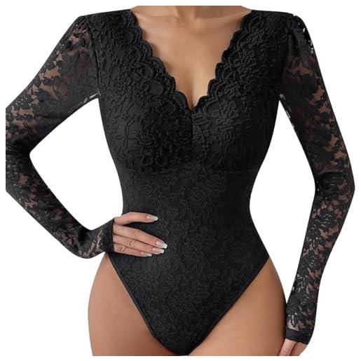 Odizli body in pizzo da donna, elegante, sexy, a maniche lunghe, con scollo a v, in pizzo, nero , l