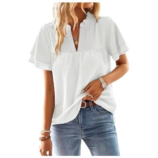 TUUHAW t shirt donna elegante manica corta magliette con scollo a v estiva boho camicia casual volant abbigliamento pizzo top verde acqua m