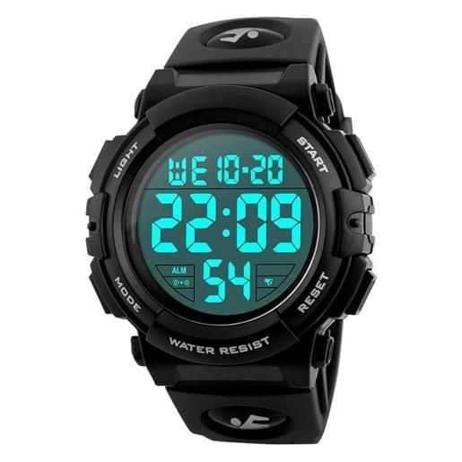Orologio militare grande da polso da uomo, analogico, digitale, 5 ATM, impermeabile, orologio tattico sportivo con sveglia, data 12/24H, cronometro a LED, cinturino in silicone, Nero