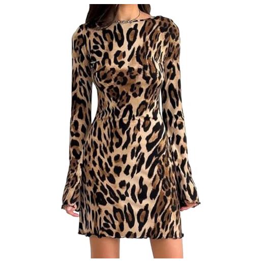 SNOMYRS abito stampa leopardo per le donne bell manica lunga y2k abiti ghepardo zebra pelle di serpente mini vestito body, leopardo, l
