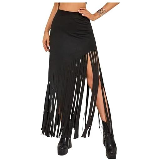 Ella Lust gonne lunghe da cowgirl da donna - abiti da concerto country western gonna a tubino lunga estiva aderente con orlo a frange e vita alta(black, xl, 11162r)