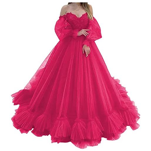 KURFACE fuori dagli abiti da ballo della spalla per le donne dei ragazzi appliques del merletto del vestito da cerimonia nuziale di quinceanera, rosso rosato, 34
