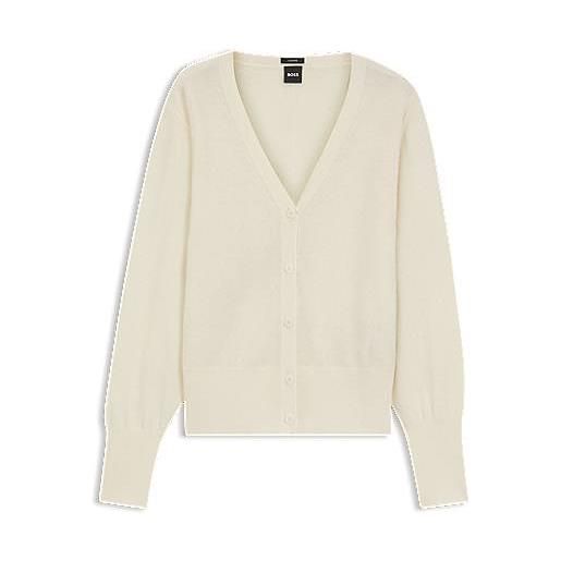 BOSS cardigan relaxed fit in cashmere con rifiniture a coste, bianco