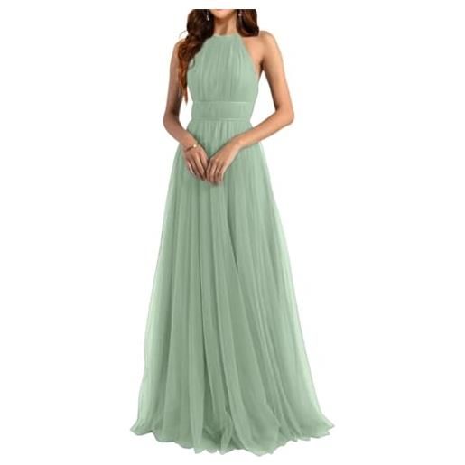 WSEYU halter abiti da damigella d'onore da donna lunghi in tulle a-line pieghe abiti formali per matrimonio, blu polvere. , 44