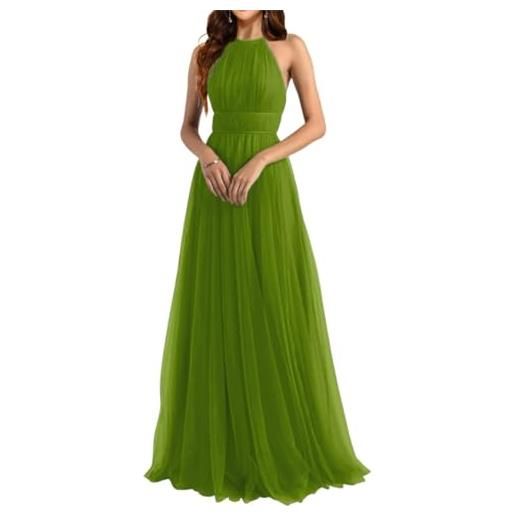 WSEYU halter abiti da damigella d'onore da donna lunghi in tulle a-line pieghe abiti formali per matrimonio, verde oliva, 52