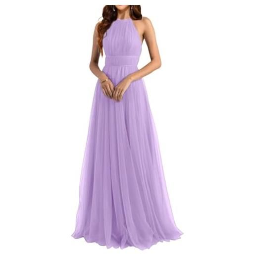 WSEYU halter abiti da damigella d'onore da donna lunghi in tulle a-line pieghe abiti formali per matrimonio, lilla, 46