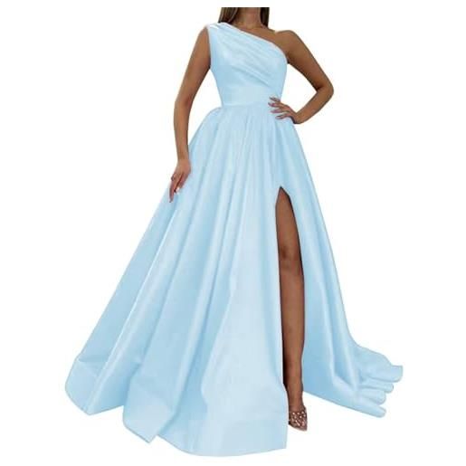 WSEYU abiti da ballo in raso monospalla con spacco lungo abito da sera formale abito da ballo con tasche, blu cielo, 50