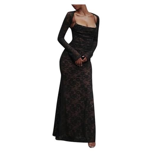 Generic maxi abito sexy con scollo quadrato e cinturino, pizzo trasparente, maniche lunghe, dettagli all'uncinetto e sciarpa, elegante abito da sera estivo da donna sexy, nero , m