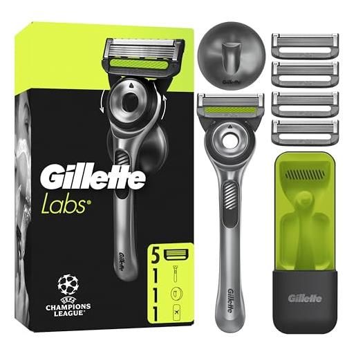 Gillette labs rasoio a mano libera con barra esfoliante e lamette di ricambio, 1 manico + 5 lamette Gillette labs di ricambio, include gancio da parete e custodia da viaggio