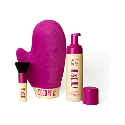 Coco & Eve sunny honey bali set abbronzante (ultra scuro) - mousse senza sole all natural, lozione autoabbronzante istantanea con guanto applicatore e pennello kabuki
