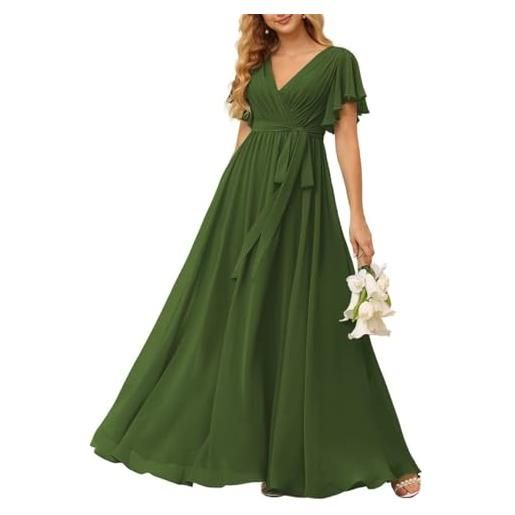 WSEYU abito da damigella d'onore in chiffon da donna, con spacco, abito da cocktail lungo, taglie forti, verde oliva, 44