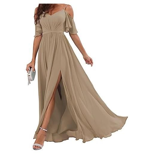 WSEYU abito da damigella d'onore in chiffon con spalle scoperte e pieghe a linea spaccata, abito lungo da damigella d'onore per le donne, tortora, 50