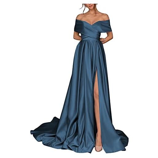 WSEYU abito da ballo con spalle scoperte pieghettate in raso con fessura laterale formale abiti da sera per le donne, blu pavone, 52