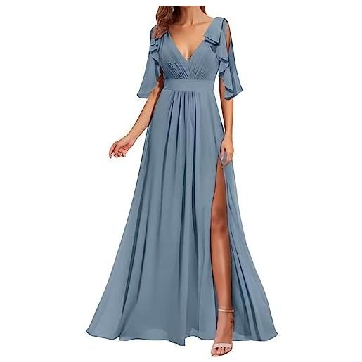WSEYU abiti da damigella d'onore con maniche a volant per matrimonio con fessura in chiffon aperto indietro lunghi abiti da ballo con tasche, blu polvere. , 52