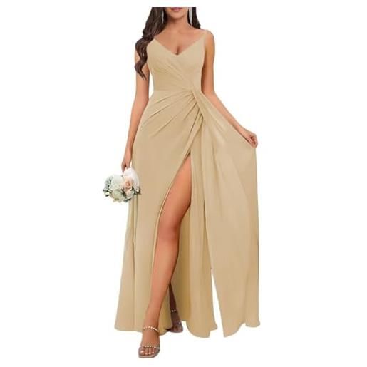 WSEYU abito da damigella d'onore da donna con scollo a v e spacco, in chiffon a sirena, per feste formali, champagne, 48