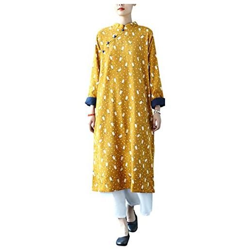 Youlee donna inverno autunno lino di cotone vestiti con tasche yellow