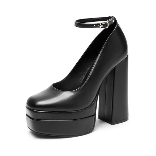 DREAM PAIRS scarpe y2k da donna con plateau, tacco alto, punta chiusa, tacco alto, punta quadrata, cinturino alla caviglia, alla moda, poliuretano nero. , 37 eu