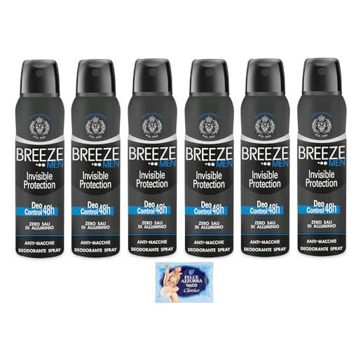Felce Azzurra 6x breeze deodorante spray man invisible protection, zero macchie sulla pelle, 0% sali di alluminio 150ml + 1 busta di talco Felce Azzurra in omaggio da 100g