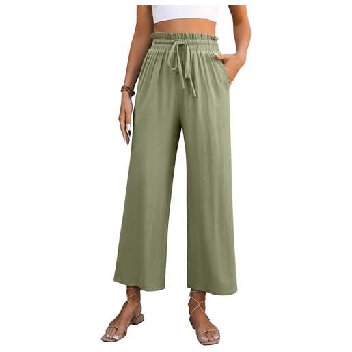 Kuukaas pantaloni da donna in lino, vestibilità ampia, leggeri, estivi, con vita elasticizzata, pantaloni a gamba larga con tasche, verde, l