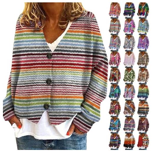 Nidddiv, cardigan da donna, multicolore, con motivo floreale, elegante, con scollo a v, a maniche lunghe, cappotto in maglia con bottoni, giacca invernale, stampa floreale, giacca invernale, maglione