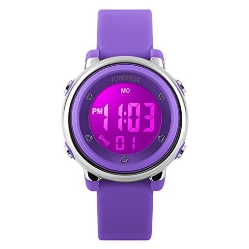 TONSHEN bambini orologio sportivo 50m impermeabile digitale led 7 colore controluce multifunzionale elettronica moda plastica lunetta e morbida gomma band outdoor orologio da polso ragazzi ragazze (viola)
