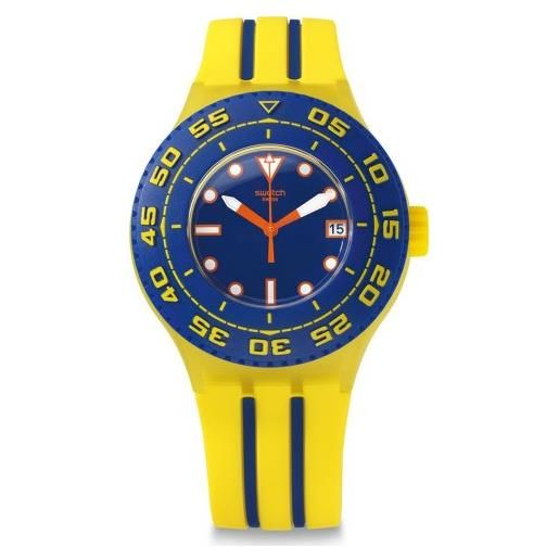 Swatch orologio da polso uomo xl scuba libre playero analogico al quarzo silicone suuj400, giallo/blu, cinghia