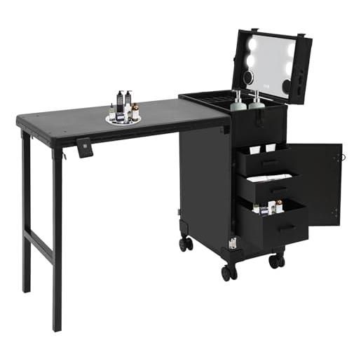 Fyssnn valigetta per trucchi con illuminazione a specchio e bluetooth e rotelle, 3 cassetti, grande moderna, portata 50 kg, per parrucchieri, beauty case, tavolo tatto, valigetta per unghie, nero , moderno