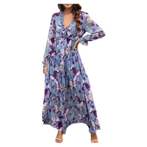 PAIDAXING maxi abito da donna con stampa floreale, stile boho, casual, ampio, scollo a v, maniche lunghe, con volant, per matrimoni e feste, viola, m