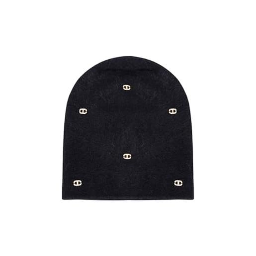 Twinset berretto in maglia con ricamo placchetta oval t strass 242ta4140 nero