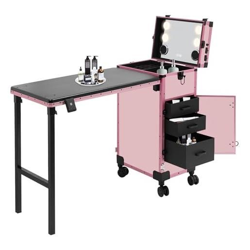 Fyssnn valigetta per trucchi con illuminazione a specchio e bluetooth e rotelle, 3 cassetti, grande moderna, portata 50 kg, per parrucchieri, beauty case, tavolo tatto, valigetta per unghie, rosa, moderno