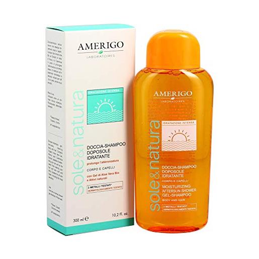 Amerigo doccia-shampoo doposole idratante con gel di aloe vera e attivi naturali, 300 ml
