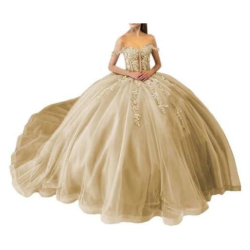 WSEYU abiti da quinceanera scintillanti con paillettes in pizzo fuori spalla con gonna da sfilata con traina principessa gonfia in tulle, rosa polvere, 40