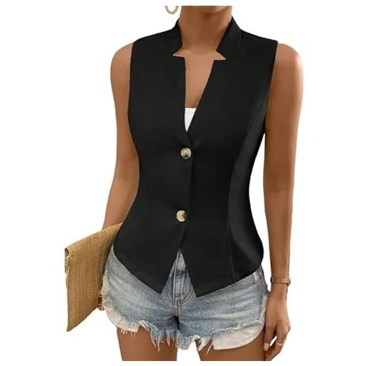 LCDIUDIU gilet senza maniche da donna, nero, senza colletto, blazer con bottoni, gilet elegante, estivo, casual, slim fit, da lavoro, da ufficio, giacca tunica, top, nero m