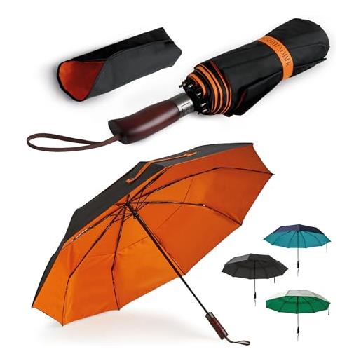 ENGLISH SUMMER ombrello antivento di lusso per pioggia e sole: forte, automatico, tettoia extra large, ventilato, pieghevole, portatile, di qualità, manico in vero legno, carbone e arancione bruciato