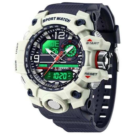 findtime orologio militare grande da polso da uomo, analogico, digitale, 5 atm, impermeabile, orologio tattico sportivo con sveglia, data 12/24h, cronometro a led, per uomini e ragazzi, cinturino in