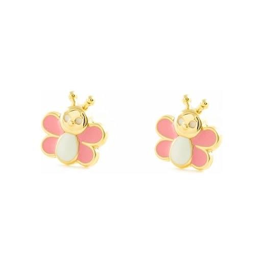 Monde Petit mondepetit - orecchini ragazza smalto rosa-bianco farfalla oro giallo 9k - scatola regalo - certificato di garanzia