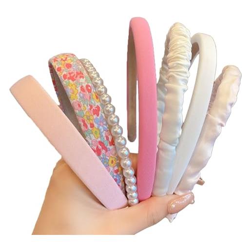 YNR set di 7 fasce per capelli con perle e fiori, alla moda, per donne e ragazze, larghe fasce imbottite per capelli, accessori per capelli, antiscivolo, vintage, rosa e bianco