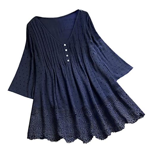 Generic 2025 - maglietta da donna a tre quarti in pizzo con scollo a v taglie forti t-shirt camicetta a maniche lunghe in maglia da donna, marina militare, 5xl