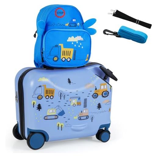 COSTWAY valigia cavalcabile per bambini, 18 valigia+ 12 zaino, 2 pezzi, trolley bambini bagaglio a mano con ruote girevoli e maniglia retrattile, 2 cingie multiuso (modello 9)