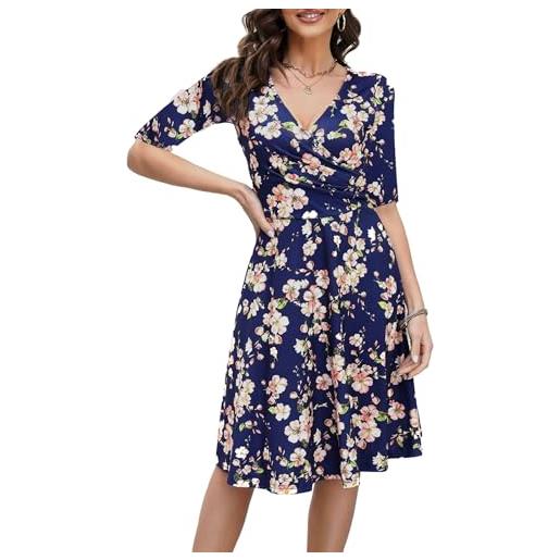 oxiuly abito da donna con scollo a v, maniche ad ali floreali, elasticizzato, blu massiccio, l