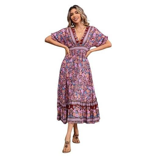R.Vivimos donne estate sexy collo a v profondo abiti manica corta lungo abito floreale empire vita boho midi abito con tasche(l, vino rosso)