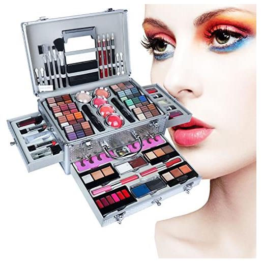 ATB-GIFT set palette 102 colori, cosmetics tavolozza trucco, valigia per il trucco con ombretti fard cipria fondotinta polvere sopracciglio(rosso)