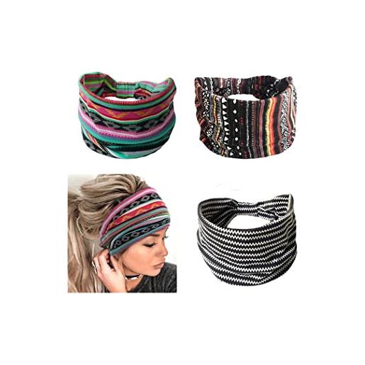 Yean, fasce per capelli larghe in stile bohémien, con nodo, elasticizzate, in tessuto a righe, per donne e ragazze, 3 pezzi