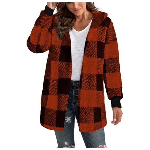 Generico cardigan lungo donna invernale, maglione aperto classico in pile a quadri, cardigan elegante in peluche con cappuccio, giacca lunga aperta da donna casual e rilassato