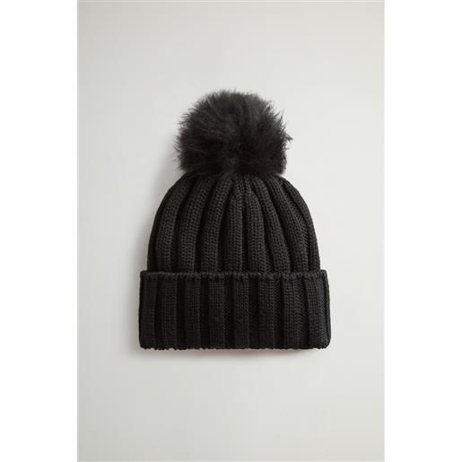 Woolrich berretto da bambina in pura lana vergine con pompon rimovibile nero taglia m