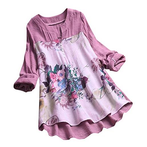 Generic camicette da donna in lino bohémien, stile bohémien, a maniche lunghe, con ricami floreali, estive, hippie, per anziani, primaverile, patchwork, traspirante, arrotolato, viola, 5xl