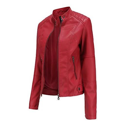 Hiser giacca corta da donna in pelle pu giacca tasche con cerniera vintage cappotti manica lunga l'autunno e l'inverno bike motocicletta giacchetto jacket (rosso, xl)
