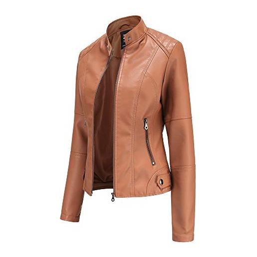 Hiser giacca corta da donna in pelle pu giacca tasche con cerniera vintage cappotti manica lunga l'autunno e l'inverno bike motocicletta giacchetto jacket (cachi, s)